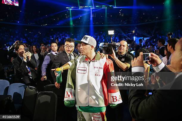 Brandon Rios of the U.S. Walks into the ring before his bout with Manny Pacquiao of the Philippines during their 'Clash in Cotai' WBO International...