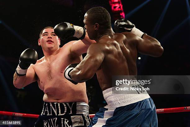 Andy Ruiz Junior of Mexico fights with Tor Hamer of the U.S. During their 'Clash in Cotai' NABF, WBO Int. Heavyweight title bout on November 24, 2013...