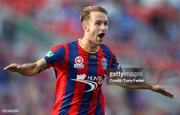 Adam Taggart of the Jets celebrates a goal during the round seven A-League match between the Newcastle Jets and the Melbourne Heart at Hunter Stadium...