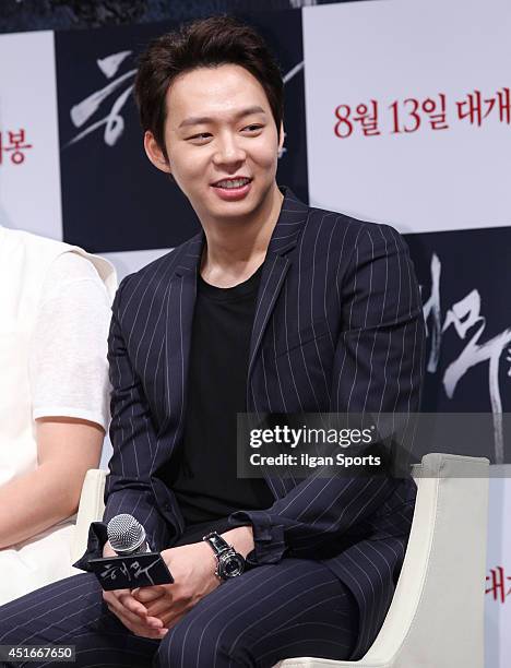 Park Yoo-Chun of JYJ speaks during the movie 'Sea Fog' press conference at Apgujeong CGV on July 1, 2014 in Seoul, South Korea.