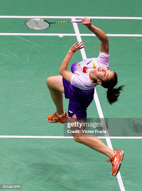 Wang Shixian of China in action against Wang Yihan of China during their women single final match during the Yonex-Sunrise Hong Kong Open Badminton...