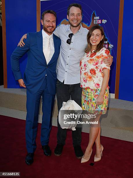 Josh Lawson, Hamish Blake and Zoe Foster pose at the "Anchorman 2: The Legend Continues" Australian premiere at The Entertainment Quarter on November...