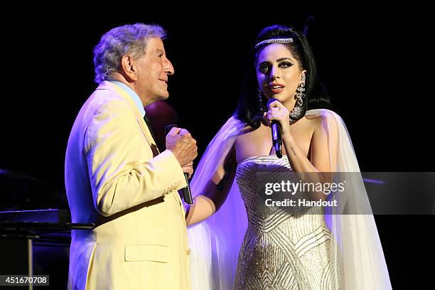 In this handout image provided by Patrick Beaudry,Tony Bennett and Lady Gaga jazzed it up at the Montreal Jazz Festival on July 1, 2014 in Montreal,...