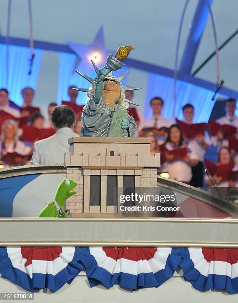 Kermit the Frog and Miss Piggy perform during PBS's "2014 A Capitol Fourth" Concert Rehearsal at U.S. Capitol West Lawn on July 3rd, 2014 in...