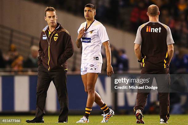 Bradley Hill of the Hawks, seen here talking to coach Alastair Clarkson in the warm up, pulls out of the team due to an injury during the round 16...