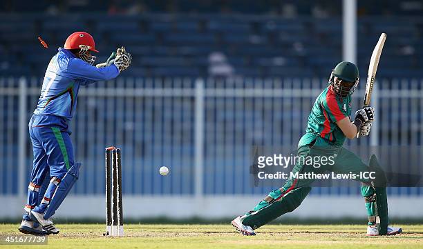 Mohammad Shahzad of Afghanistan celebrates, after Steve Tikolo of Kenya is bowled by Hamza Hotak during the ICC World Twenty20 Qualifier between...