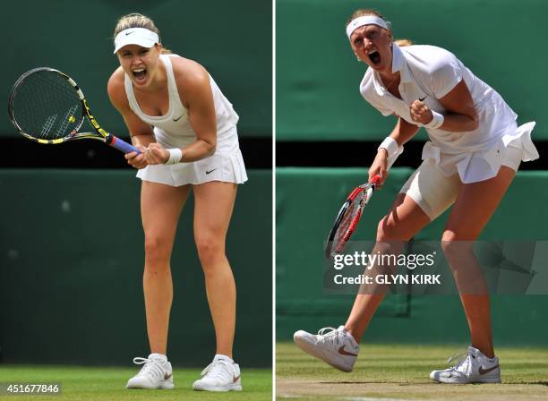 Combination of pictures created on July 4, 2014 shows Canada's Eugenie Bouchard celebrating winning her women's singles fourth round match against...