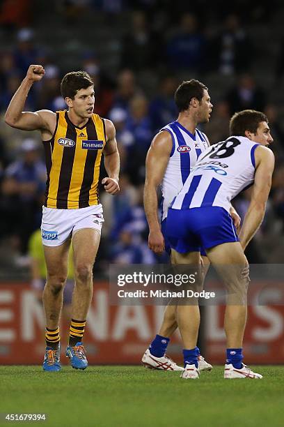 Luke Breust of the Hawks celebrates a goal during the round 16 AFL match between North Melbourne Kangaroos and the Hawthorn Hawks at Etihad Stadium...