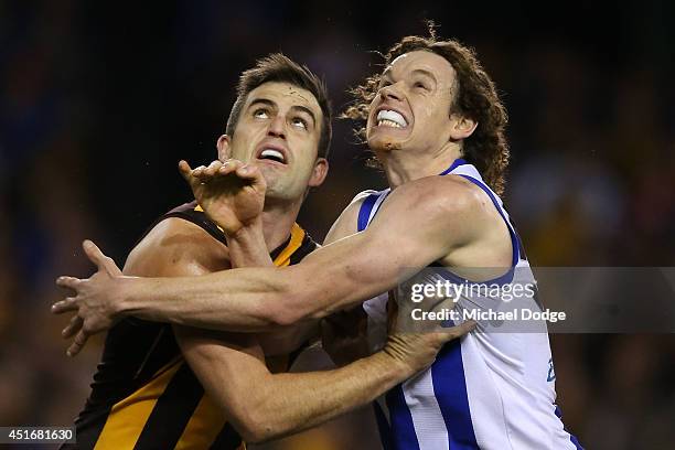 Brian Lake of the Hawks and Ben Brown of the Kangaroos compete for the ball during the round 16 AFL match between North Melbourne Kangaroos and the...