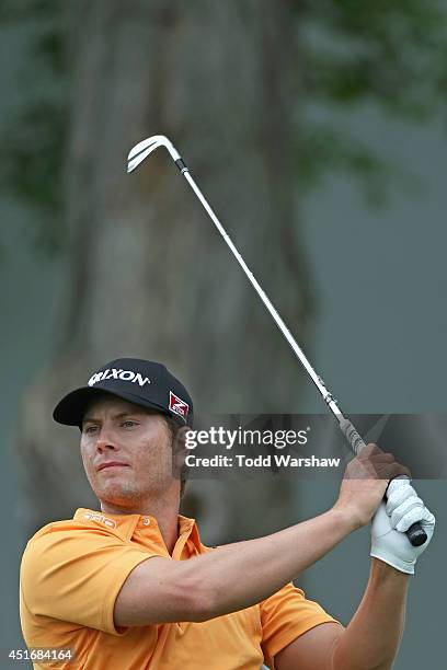 Chris Stroud tees off on the 18th hole during the second round of the Greenbrier Classic at the Old White TPC on July 4, 2014 in White Sulphur...