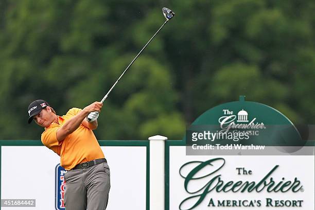 Chris Stroud tees off on the 17th hole during the second round of the Greenbrier Classic at the Old White TPC on July 4, 2014 in White Sulphur...