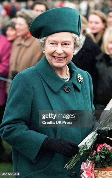 Queen Elizabeth II attends the annual Christmas Day service at Sandringham Church, on December 25 1997 in Sandringham, England.