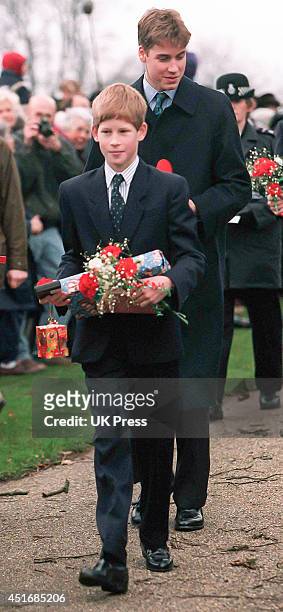 Prince William, and Prince Harry, attends the annual Christmas Day service at Sandringham Church, on December 25 1997 in Sandringham, England.