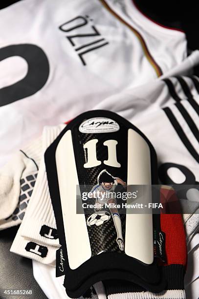 The kit worn by Mesut Oezil of Germany is displayed in the dressing room prior to the 2014 FIFA World Cup Brazil Quarter Final match between France...