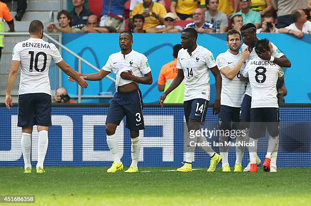 Goal celebrations after Paul Pogba of France scores during the 2014 FIFA World Cup Brazil Round of 16 match between France and Nigeria at the Estadio...