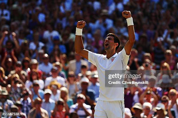 Novak Djokovic of Serbia celebrates after winning his Gentlemen's Singles semi-final match against Grigor Dimitrov of Bulgaria on day eleven of the...