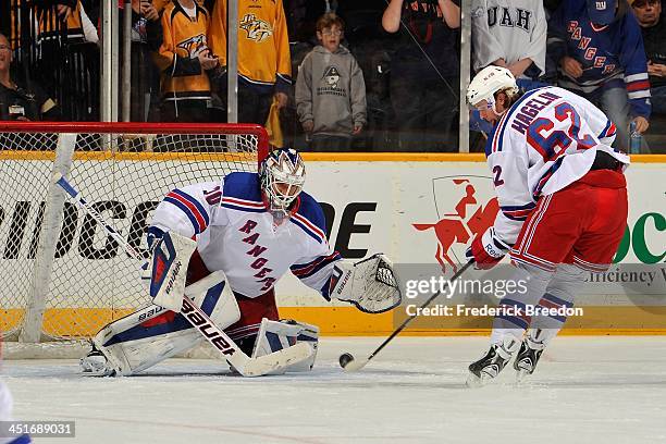 Carl Hagelin of the New York Rangers takes a shot on goalie Henrik Lundqvist during warms up prior to a game against of the Nashville Predators at...