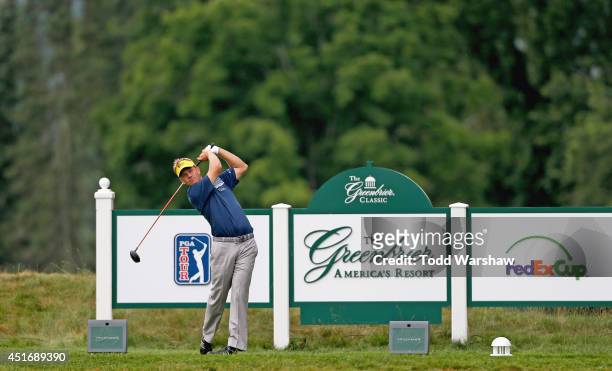 Billy Hurley III tees off on the seventh hole during the second round of the Greenbrier Classic at the Old White TPC on July 4, 2014 in White Sulphur...