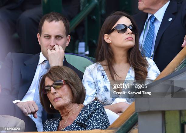 Lord Frederick Windsor and Sophie Winkleman attend the semi-final match between Noval Djokovic and Grigor Dimitrov on centre court at The Wimbledon...