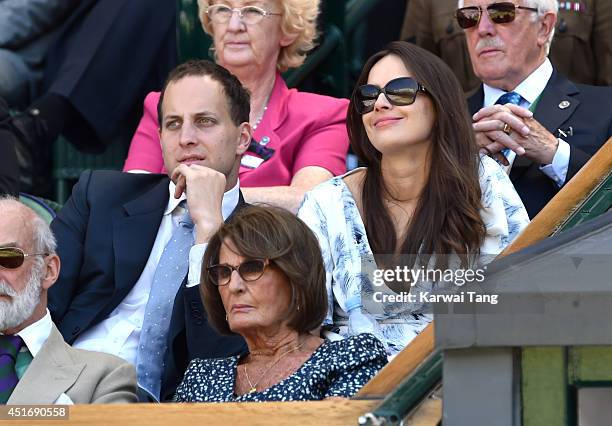 Lord Frederick Windsor and Sophie Winkleman attend the semi-final match between Noval Djokovic and Grigor Dimitrov on centre court at The Wimbledon...