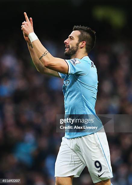 Alvaro Negredo of Manchester City celebrates his team's fifth goal during the Barclays Premier League match between Manchester City and Tottenham...