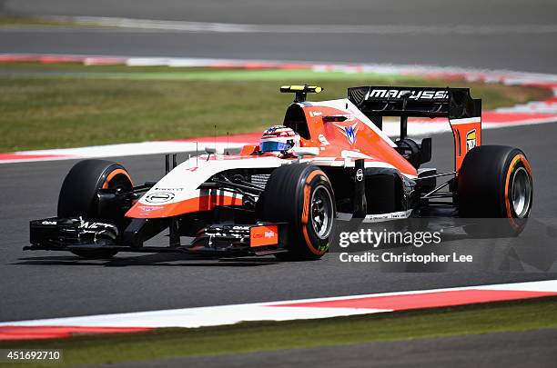 Max Chilton of Great Britain and Marussia drives during practice ahead of the British Formula One Grand Prix at Silverstone Circuit on July 4, 2014...