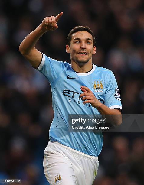 Jesus Navas of Manchester City celebrates after scoring the sixth goal during the Barclays Premier League match between Manchester City and Tottenham...