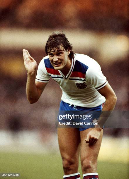 England player Glenn Hoddle reacts during an International match between England and Scotland at Wembley Stadium on June 1, 1983 in London, England.