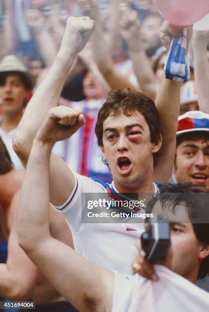 England fans show their support during the 1980 European Championships match between England and Belgium at the Stadio Delle Alpi on June 12, 1980 in...