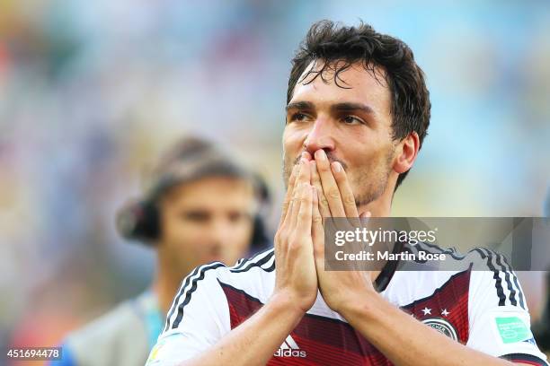 Mats Hummels of Germany reacts after defeating France 1-0 in the 2014 FIFA World Cup Brazil Quarter Final match between France and Germany at...