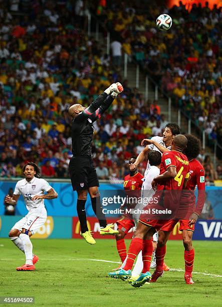 Tim Howard of the United States defends against Belgium during the 2014 FIFA World Cup Brazil Round of 16 match between Belgium and the United States...