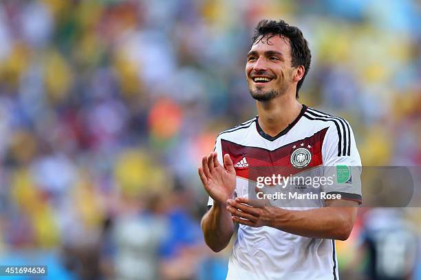 Mats Hummels of Germany acknowledges the fans after defeating France 1-0 in the 2014 FIFA World Cup Brazil Quarter Final match between France and...