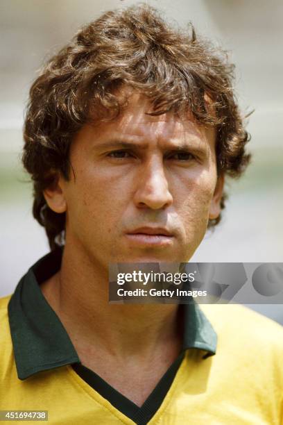 Brazil player Zico looks on before the Mexico 1986 World Cup second round match between Brazil and Poland at the Jalisco stadium on June 16, 1986 in...