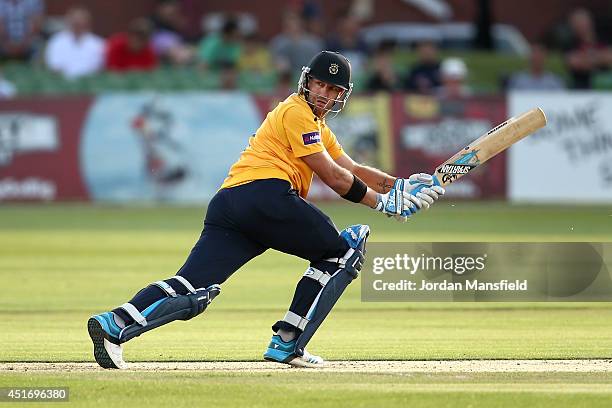 Sean Ervine of Hampshire hits out during the Natwest T20 Blast match between Kent Spitfires and Hampshire at St. Lawrence Ground on July 4, 2014 in...