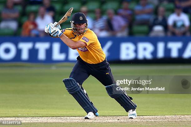 Sean Ervine of Hampshire hits out during the Natwest T20 Blast match between Kent Spitfires and Hampshire at St. Lawrence Ground on July 4, 2014 in...