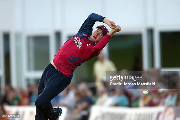 Alex Blake of Kent drops a catch at the boundary during the Natwest T20 Blast match between Kent Spitfires and Hampshire at St. Lawrence Ground on...