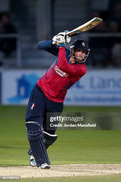 Alex Blake of Kent hits out during the Natwest T20 Blast match between Kent Spitfires and Hampshire at St. Lawrence Ground on July 4, 2014 in...