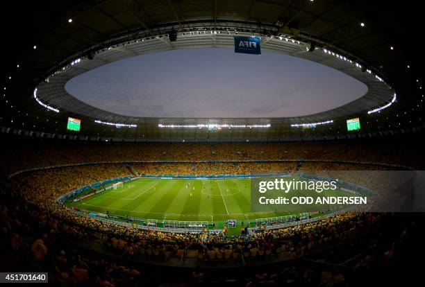 General view shows the quarter-final football match between Brazil and Colombia at the Castelao Stadium in Fortaleza during the 2014 FIFA World Cup...