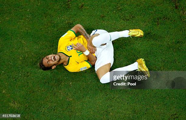 Neymar of Brazil reacts during the 2014 FIFA World Cup Brazil Quarter Final match between Brazil and Colombia at Castelao on July 4, 2014 in...