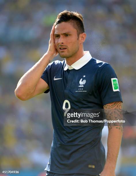 Olivier Giroud in action for France during the 2014 FIFA World Cup Brazil Quarter Final match between France and Germany at Maracana on July 4, 2014...