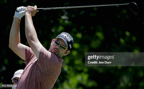 Edward Loar tees off on the second hole during the second round of the Greenbrier Classic at the Old White TPC on July 4, 2014 in White Sulphur...