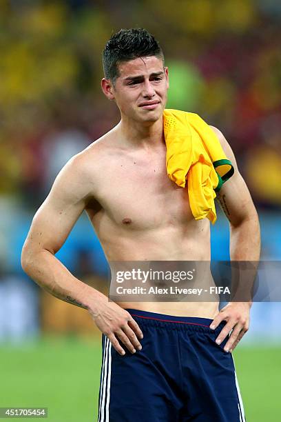 James Rodriguez of Colombia reacts after the 1-2 defeat in the 2014 FIFA World Cup Brazil Quarter Final match between Brazil and Colombia at Estadio...