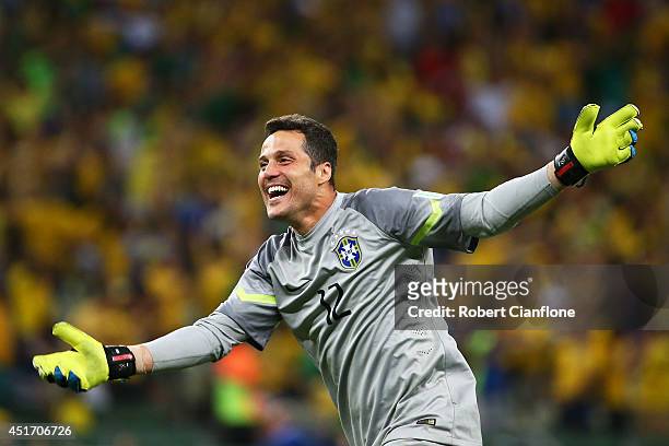 Goalkeeper Julio Cesar of Brazil celebrates during the 2014 FIFA World Cup Brazil Quarter Final match between Brazil and Colombia at Castelao on July...