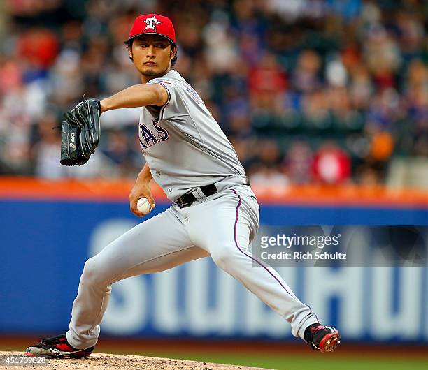 Yu Darvish of the Texas Rangers delivers a pitch against the New York Mets on July 4, 2014 at Citi Field in the Flushing neighborhood of the Queens...