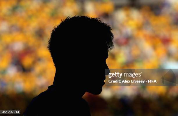 Neymar of Brazil warms up during the 2014 FIFA World Cup Brazil Quarter Final match between Brazil and Colombia at Estadio Castelao on July 4, 2014...