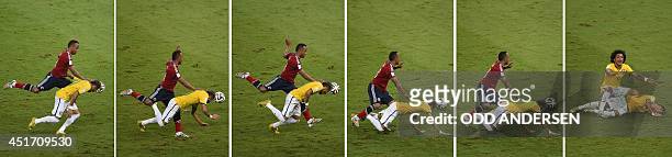 Combination of pictures showing Colombia's defender Juan Camilo Zuniga challenging Brazil's forward Neymar and Brazilian defender Marcelo shouting...