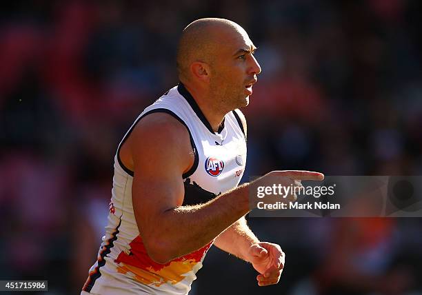 James Podsiadly of the Crows celebrates after kicking a goal during the round 16 AFL match between the Greater Western Giants and the Adelaide Crows...