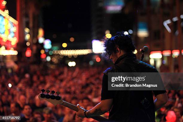 Bassist Tobin Esperance of Papa Roach performs during UFC International Fight Week Free Concert Featuring Lit, P.O.D., and Papa Roach at the Fremont...