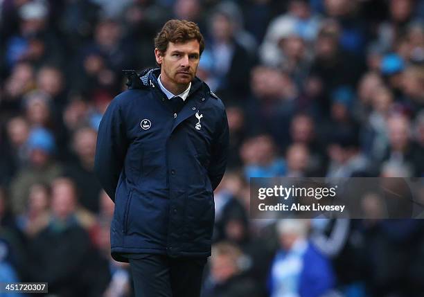 Andre Villas-Boas the manager of Tottenham Hotspur looks on during the Barclays Premier League match between Manchester City and Tottenham Hotspur at...