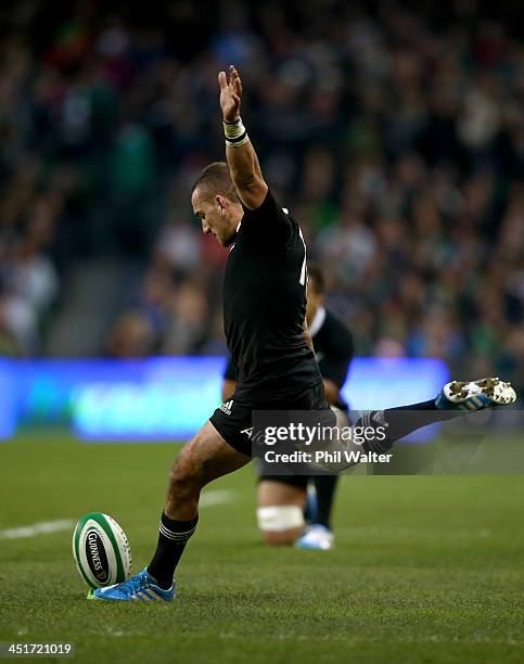 Aaron Cruden of the All Blacks kicks the match winning kick during the International match between Ireland and the New Zealand All Blacks at Aviva...